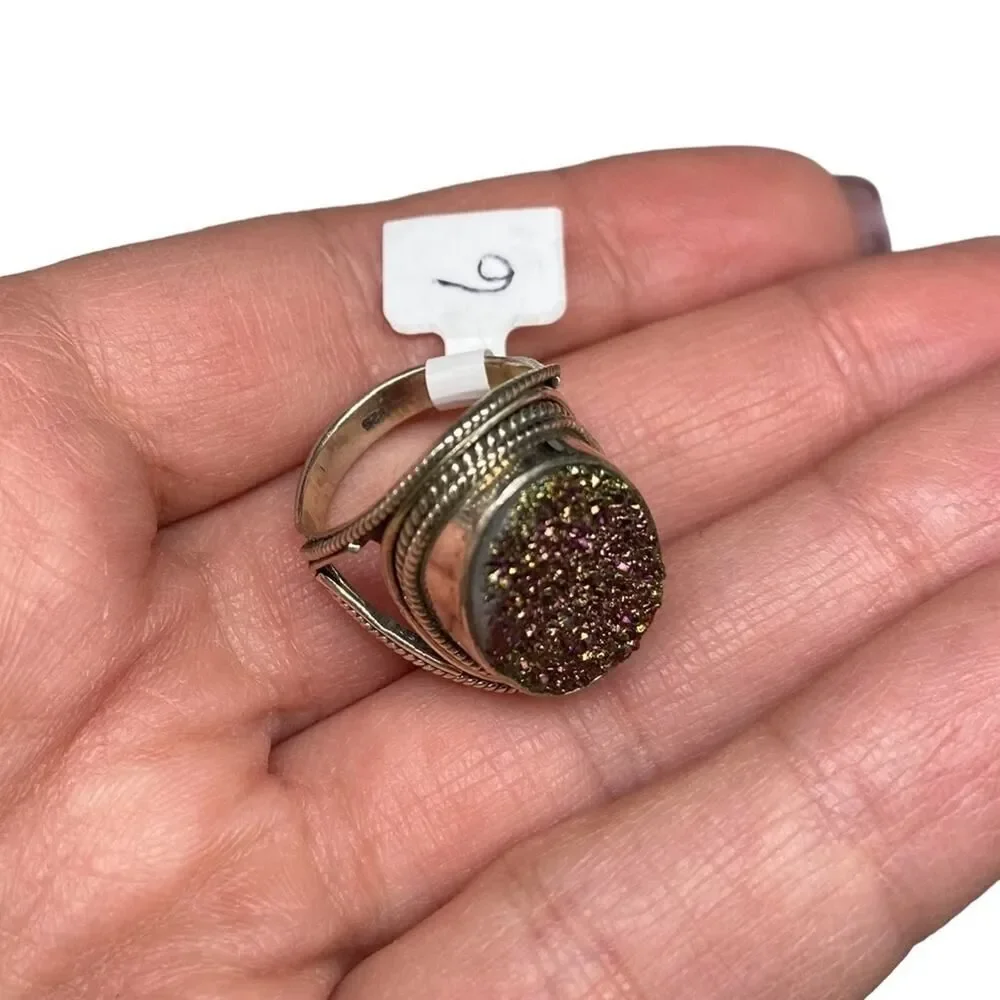 Purple Druzy Ring Solid Sterling Silver 925 Size 6 Natural Stone Oval Boho